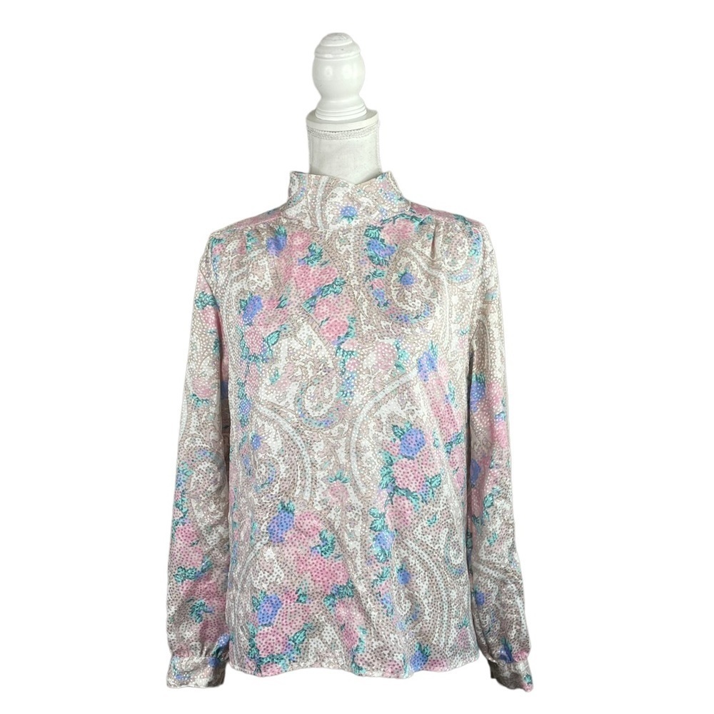 Vintage 80's Eva Laurel Pastel Floral Paisley Print Long Sleeve Mock Neck Blouse